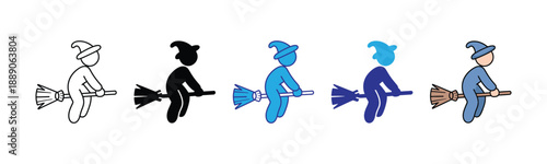Vector illustration icon a set of witches in different colors flying on broomsticks