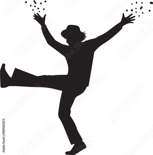 Joyful man silhouette kicking and celebrating happy person dancing throwing confetti vector graphic