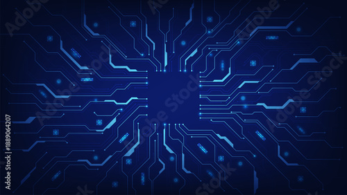 Modern futuristic circuit board background. Electronic motherboard concept and AI, artificial intelligence. Motherboard and HTML code. Big Data and Machine Learning. Digital vector illustration.