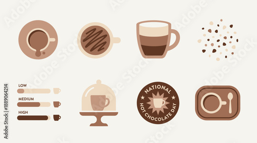 A collection of flat design icons and illustrations related to coffee, hot chocolate, and beverages, featuring cups, strength indicators, and decorative elements in brown tones.