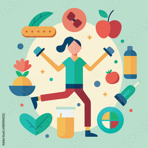 Healthy lifestyle illustration with fitness nutrition balance and wellness