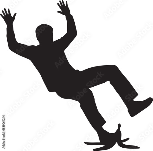 Man slipping on banana peel falling accident black icon isolated on transparent background