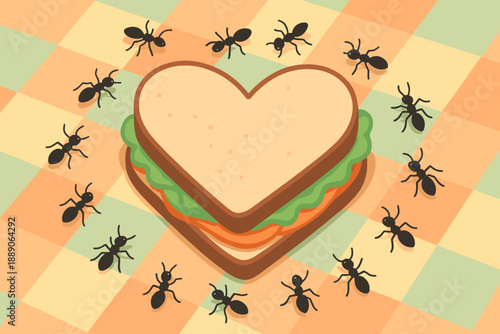 Heart-shaped sandwich surrounded by ants in a playful cartoon style on a colorful background