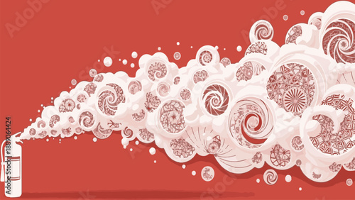 Dynamic vector art featuring a fire extinguisher releasing an elaborate cloud of decorative swirls and intricate mechanical patterns on a bold red canvas, symbolizing creative discharge