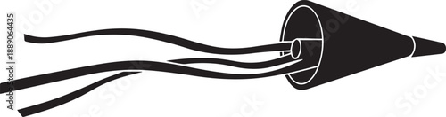 Party popper silhouette with streamers blowing out of cone shape isolated on background red