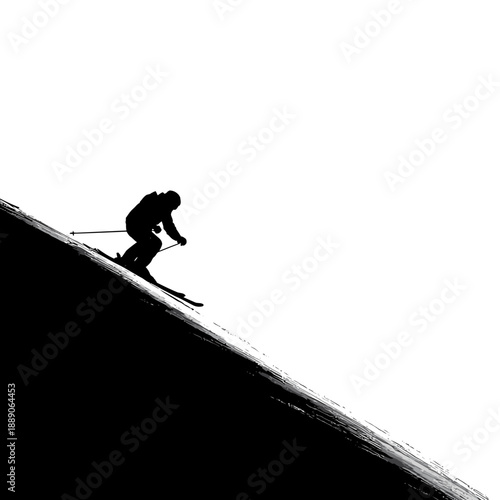 Skiing Down a Snowy Slope, Silhouetted Against a White Background, Captured from a Low Angle