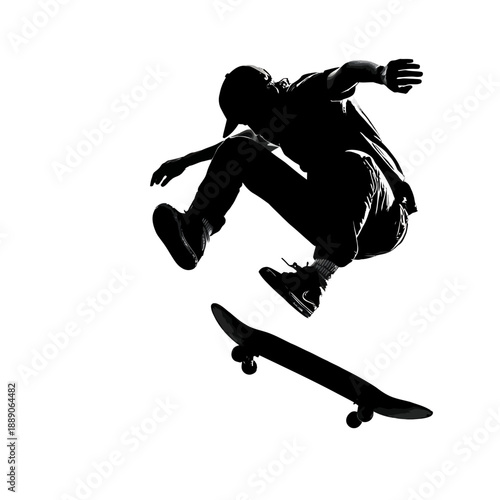 Skateboarder performing a jump in mid-air, captured in a dynamic silhouette illustration