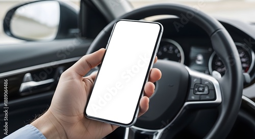 close-up of a man’s hand holding a modern smartphone inside a latest-generation car interior,
