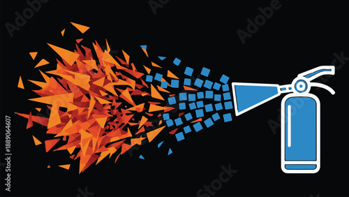 Explosion of fire and pixels erupting from a fire extinguisher on a dark background, symbolizing fire safety and digital transformation