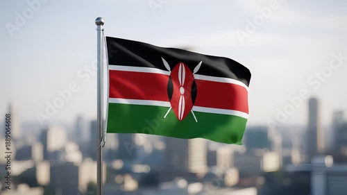 Kenyan flag waving in front of modern cityscape with skyscrapers