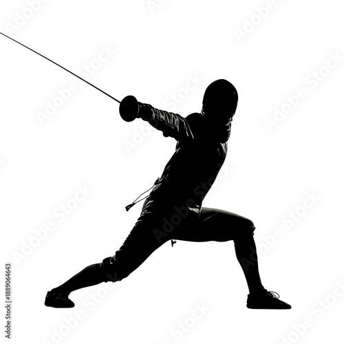 Fencer in dynamic stance, sword extended, silhouette against a white background, captured in mid-action