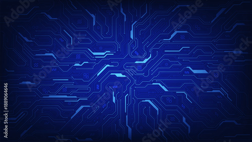 Futuristic circuit lines and connected dots on blue background. Motherboard and HTML code. Quantum computer large data processing database concept. Artificial intelligence (AI). Vector illustration.
