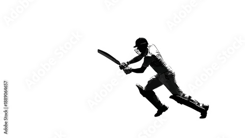 A dynamic black and white silhouette of a man swinging a cricket bat, captured in mid-action, viewed from the side.