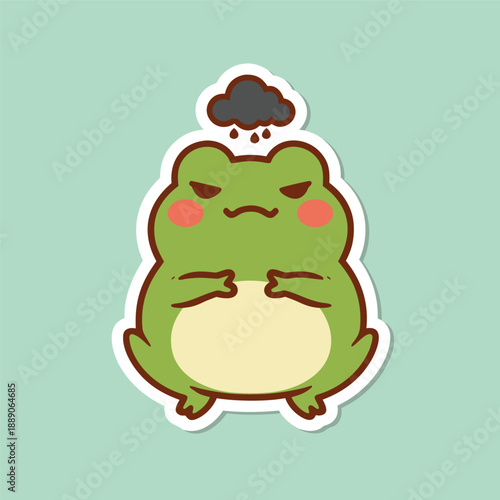Cute grumpy frog with a rain cloud over its head.