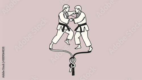 Stylized vector design of two martial artists grappling, their forms merging into a symbolic knot, embodying discipline, unity, and the connection of combat sports training