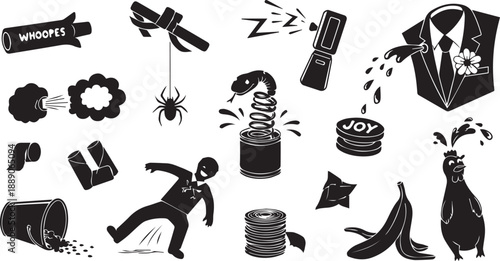 Variety of isolated black and white prank items on transparent background vector art