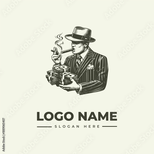Vintage engraving of a suited man smoking a cigar and holding a money bag with a logo name and slogan on a clean background.