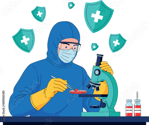 Scientist in protective suit conducting vaccine research with microscope and laboratory medical equipment vector