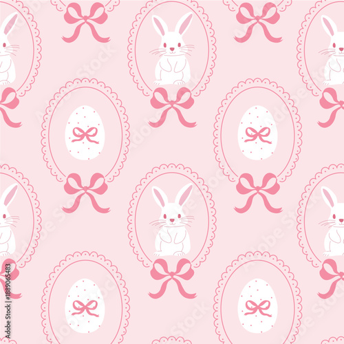 Easter hand drawn vintage seamless pattern with cute bunny and egg illustrations in oval frames, coquette ribbon bows, scalloped borders. spring holiday design for wrapping paper, wallpaper, prints