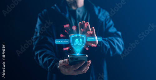 Artificial intelligence moderation system blocking hate speech and toxic content on a smartphone interface, representing online safety, automated content control, and digital platform protection.