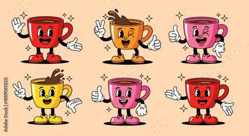 Cheerful Coffee Cup Cartoon Characters Celebrate with Retro Style and Sparkling Charm, Adding Joyful Fun to Marketing Graphics and Nostalgic Designs with Animated Beverages, Vintag.