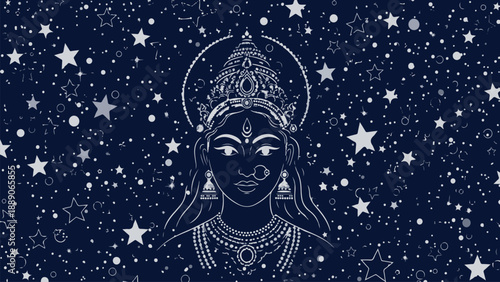 Illustrative depiction of Durga, the Hindu goddess, adorned with intricate jewelry and a crown, against a backdrop of starry night sky