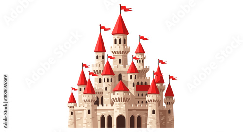 Whimsical Cartoon Castle with Red Flags Stands Tall Against a White Background, Perfect for Children's Illustrations, Storybooks, Fantasy Games, or Medieval-Themed Projects, Showca.