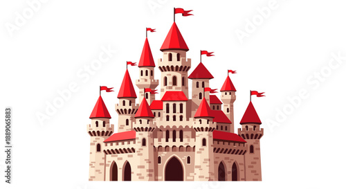 Majestic Cartoon Castle with Red Flags and Stone Towers Stands Proudly, a Classic Fairytale Illustration for Children's Books, Fantasy Games, and Medieval Storytelling, a Colorful.