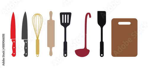 Colorful isolated kitchen tools on white background