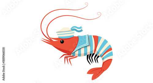 Cartoon Sailor Shrimp Illustration with Nautical Stripes Design on White Background is a Playful Graphic Resource for Children's Content, Marine Themes, and Summer Fun Projects.