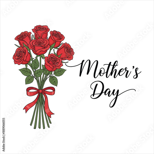 Beautiful mother's day vector illustration with red roses bouquet and ribbon