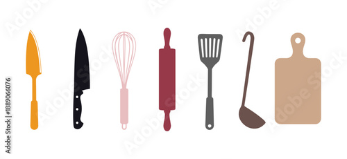 A collection of colorful kitchen tools displayed on a white background

