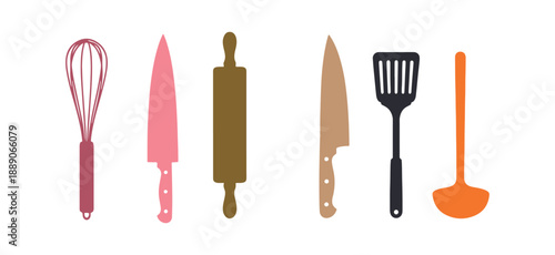 Brightly colored kitchen utensils on a clean white surface

