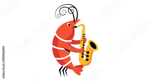 Cartoon Shrimp Plays Saxophone Jazz Music with Whimsical Flair: A cheerful illustration of a seafood character performing upbeat jazz tunes, great for music education, children's m.