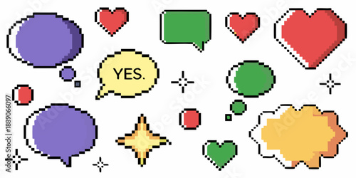 Colorful pixel art icons depicting hearts speech bubbles and geometric shapes