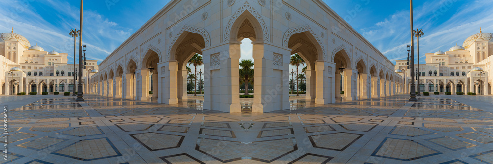 Fototapeta premium Eastern architecture, ancient-style buildings, domes and round roofs, arches and columns. On the streets of the Emirates, in public places.
