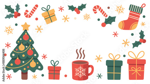 Festive christmas elements with tree and gift boxes