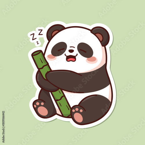 Cute sleeping panda hugging bamboo stick cartoon sticker.