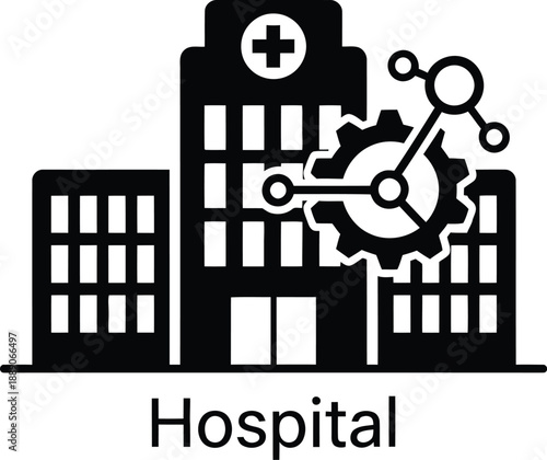 A hospital building icon symbolizing healthcare medicine and medical services with a prominent cross and integrated gear and network elements.