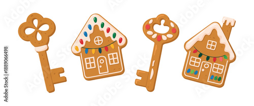 Gingerbread keys and houses on white background