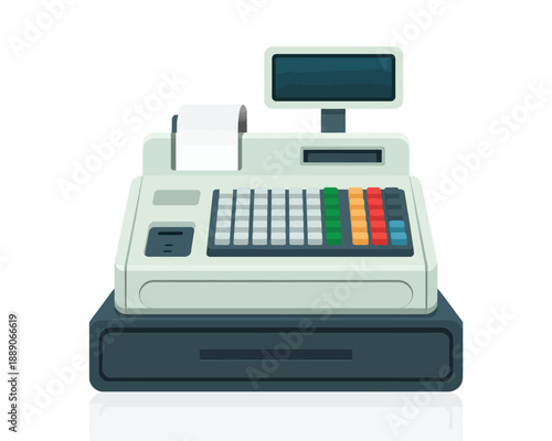 Cash register machine with colorful buttons and receipt printer