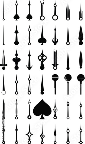 Clock Hands Vector Silhouette Collection Featuring Diverse Vintage and Modern Pointer Shapes for Timepiece and Watch Face Design