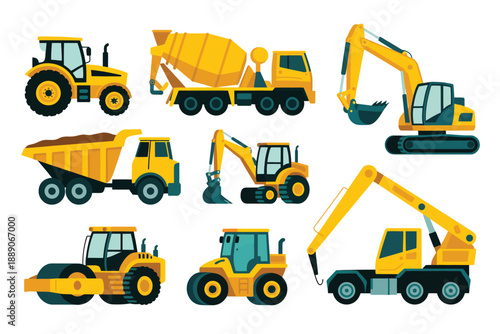 Collection of yellow heavy construction machinery vehicles