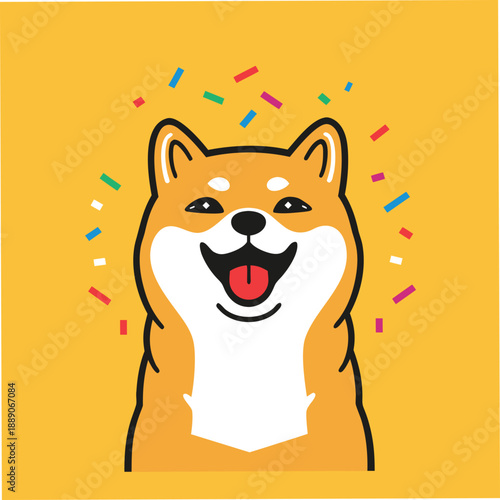 Happy Shiba Inu dog with confetti illustration.