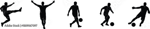 Dynamic Soccer Player Silhouettes Vector Collection Depicting Various Football Actions Kicking Dribbling and Celebrating Goals