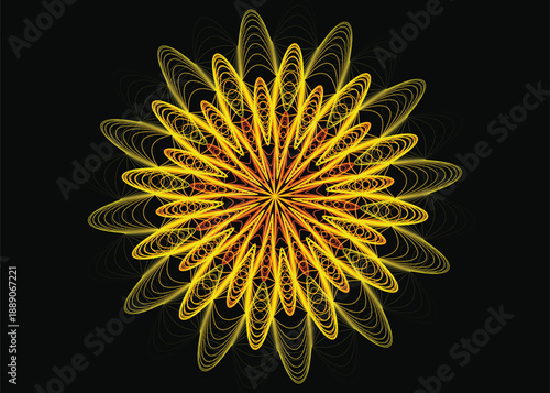 Radiant Mandala Flower Design with Red to Yellow Gradient on Black Background