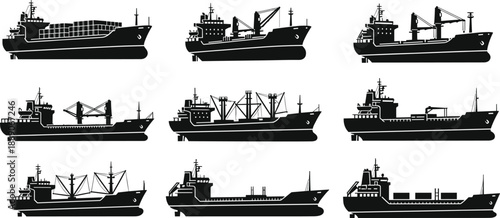 Black cargo ship silhouette vector set featuring container vessels and freight carriers for maritime logistics international shipping global trade and industry