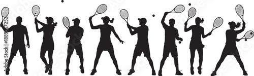 Black Silhouette Vector Set of Male and Female Tennis Players Performing Action Shots Like Serves Backhands and Volleys for Sports Club Branding and Tournament Promotion