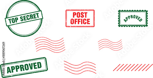 Grungy Rubber Stamp and Postal Markings Vector Collection Featuring Top Secret Approved and Post Office Seals with Wavy Lines