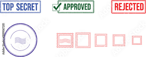 Grungy Rubber Stamp and Postal Markings Vector Collection Featuring Top Secret Approved and Rejected Seals with Perforated Edges and Wavy Lines